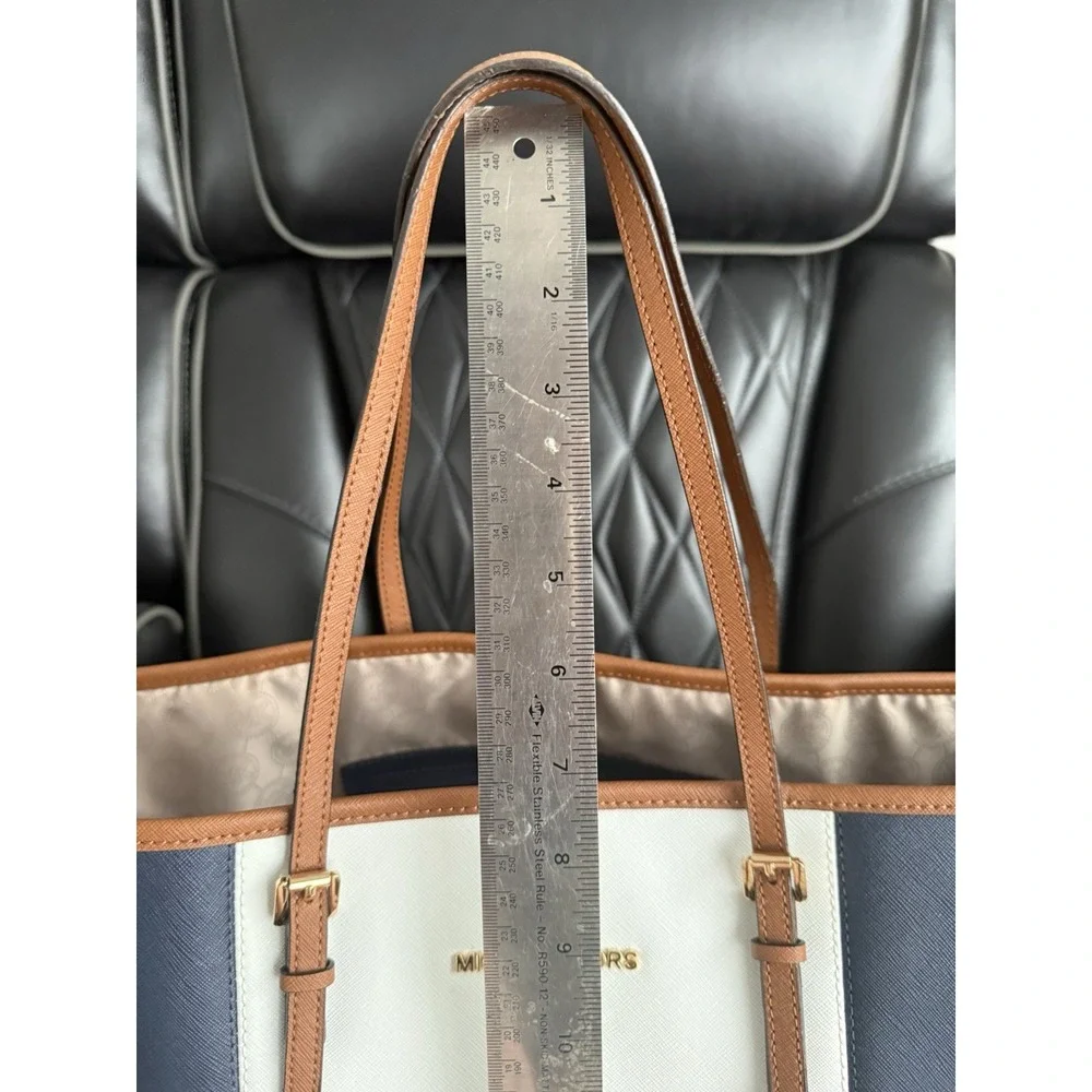 Michael Kors Jet Set Purse Handbag Tote Center Stripe Navy White Dust Bag